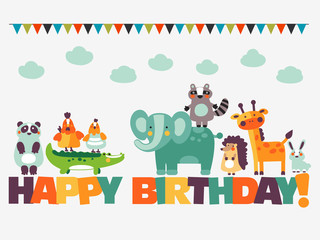 Happy birthday - lovely vector card with funny animals in bright colors