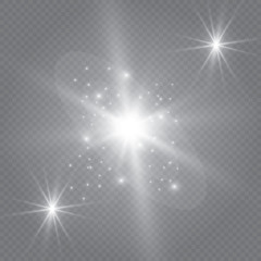 Set of shining lights isolated on a transparent background. The flash flashes with rays and a searchlight. Light effect of glow. The star flashed with sparkles.