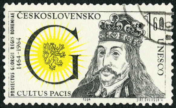 CZECHOSLOVAKIA - CIRCA 1964: A stamp printed in Czechoslovakia shows King of Bohemia George of Podebrad Andersen (1420-1471), 500th anniversary of the pacifist efforts