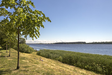 View on the Daugava river and park. Riga, Latvia