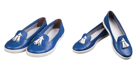 Beautiful blue female shoes on a white background