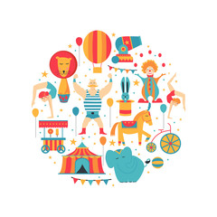 Circus collection with carnival, fun fair, vector icons and background and illustration Colored icons collection. Round concept