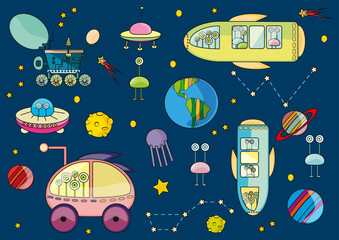 Set of drawings space, planet, moon, illustration