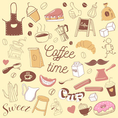 Coffee Time Hand Drawn Doodle. Coffe Beans, Cups and Bakery. Vector illustration