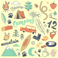 Camping Freehand Hand Drawn Doodle. Mountain Holidays with Tent, Animals and Forest. Vector illustration