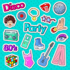 Disco Party Vintage Style Stickers, Badges and Patches with Guitar, Lips and Hands. Vector illustration
