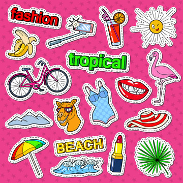 Tropical Beach Vacation Doodle with Flamingo, Lips and Cocktail. Summer Holidays Stickers, Badges and Patches. Vector illustration