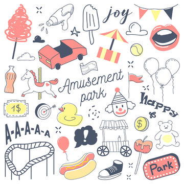Amusement Park Freehand Hand Drawn Doodle with Clown, Attractions and Carousel. Vector illustration
