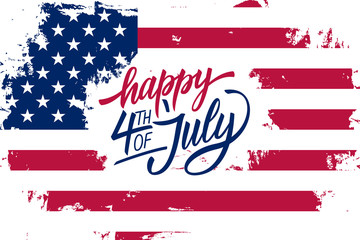 Happy 4th of July Independence Day greeting card with american flag brush stroke background and hand lettering text design. Vector illustration.