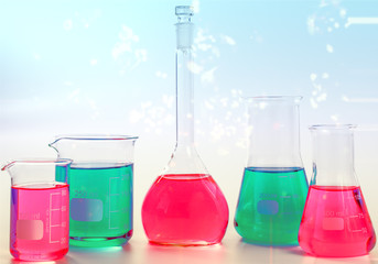 Chemical and Medical laboratory research. Chemical glassware with colorful liquids and reagents. laboratory beakers and glassware