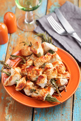 Chicken souvlaki on rosemary sticks