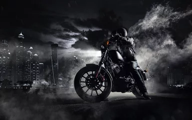 Printed kitchen splashbacks Motorcycle High power motorcycle chopper with man rider at night