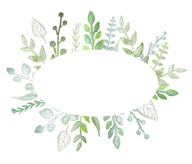 Oval frame with pearl green branches and leaves. Greeting, invitation card, cover of notebook