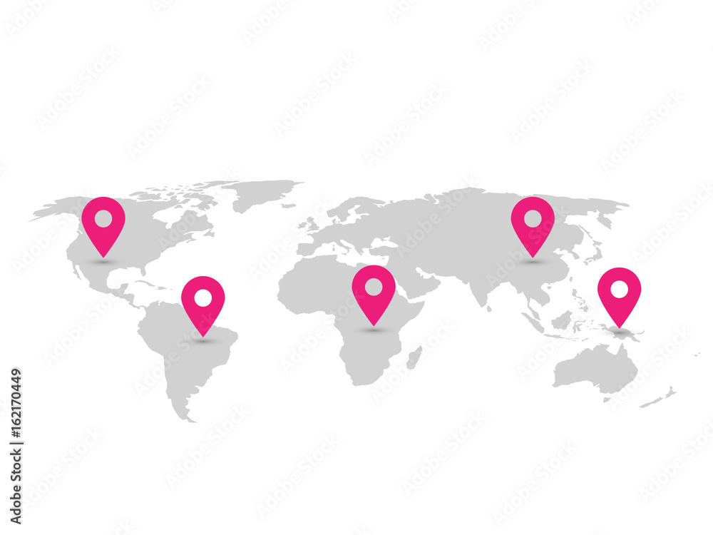 Aufkleber map of world with navigation pointers. grey map infographics with pink pins. vector illustration.