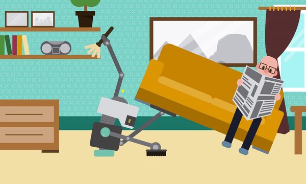 Domestic Robot cleaning the room and carpet while man resting on sofa reading newspaper. Personal robot housekeeping futuristic concept illustration vector.