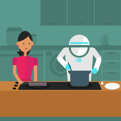 Domestic robot helping his owner at kitchen. Personal robot preparing breakfast futuristic concept illustration vector.