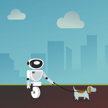 Domestic Robot Walking The Dog. Personal Robot Assistance Futuristic Concept Illustration Vector.