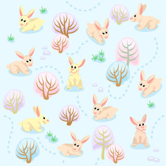 Seamless pattern of winter forest with rabbits between trees