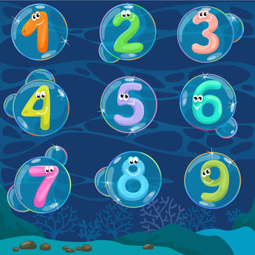 Round bubbles in water with numbers in them / Flat view bubbles under the water
