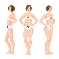 Vector illustration of beautiful woman in underwear on white background. Various turns woman's figure. Front view and side view.
