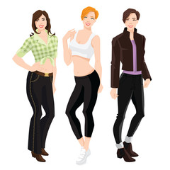 Fototapeta premium Vector illustration of woman character in different clothes and pose isolated on white background.