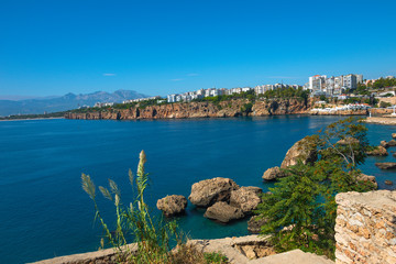 Fototapeta na wymiar View of Antalya harbor, Mediterranean sea and seacoast, Antalya, Turkey