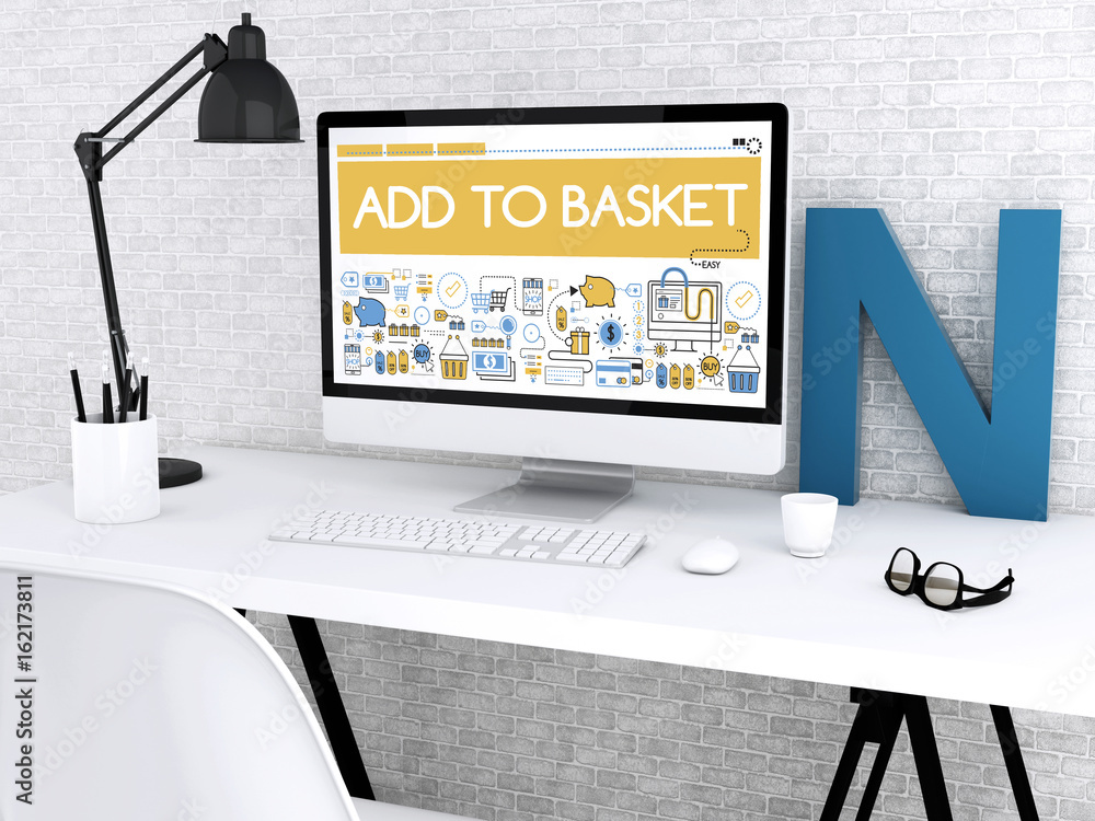 Poster 3d computer with word add to basket.