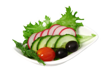 Salad of fresh vegetables In white cup on white background