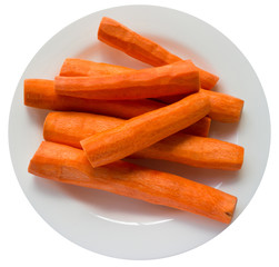 peeled red carrots on a white plate, isolate