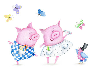 Funny Little Pigs. Watercolor