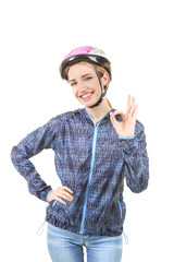 Beautiful young bicycle rider with helmet on white background