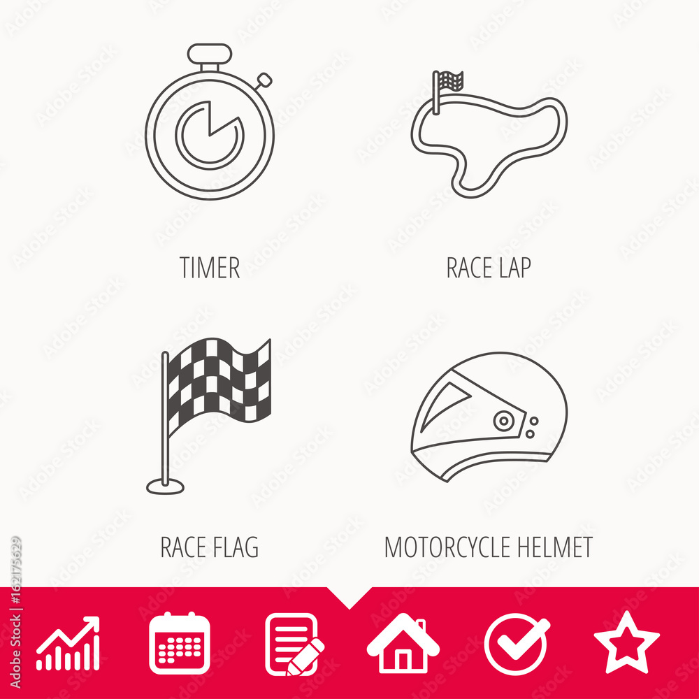 Poster race flag, timer and motorcycle helmet icons. race lap linear sign. edit document, calendar and grap