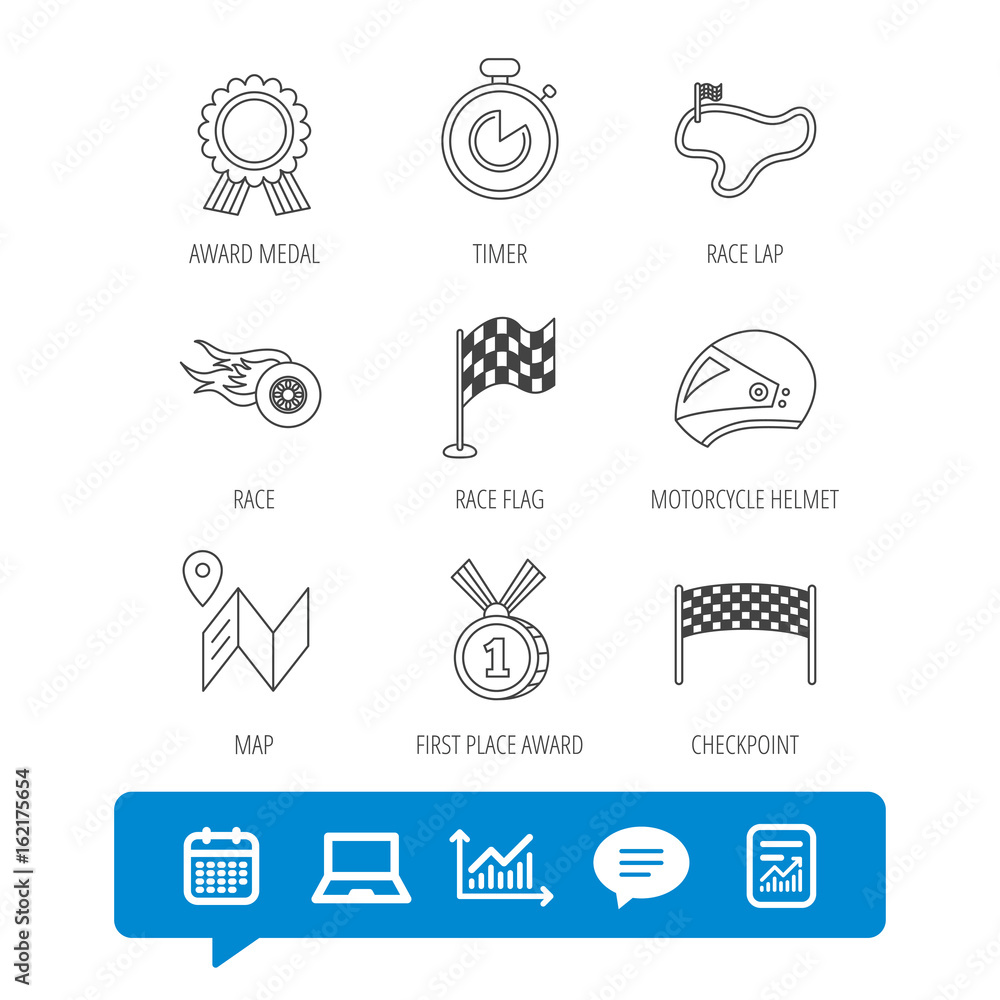 Poster race flag and speed icons. winner medal, motorcycle helmet and timer linear signs. map navigation fl
