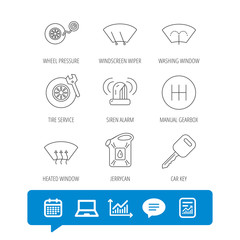Manual gearbox, tire service and car key icons. Siren alarm, jerrycan and wheel pressure linear signs. Window washing, wiper and heated icons. Report file, Graph chart and Chat speech bubble signs