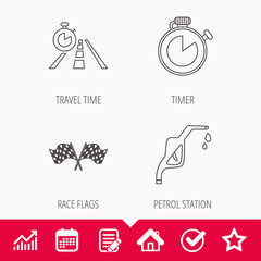 Race flags, travel timer and petrol station icons. Timer linear sign. Edit document, Calendar and Graph chart signs. Star, Check and House web icons. Vector