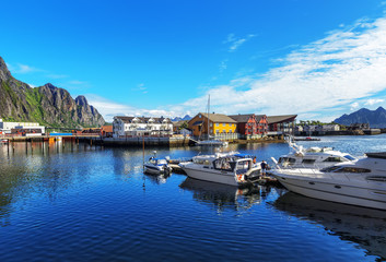 Fototapeta na wymiar Scenic view of the waterfront harbor in Svolvaer in summer.