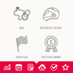 Race flag, motorcycle helmet and award medal icons. Start or finish flag linear sign. Edit document, Calendar and Graph chart signs. Star, Check and House web icons. Vector