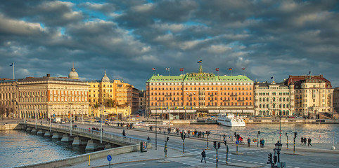 Fototapeta na wymiar Hotels and houses in the harbor of Stockholm, Sweden
