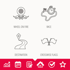 Race flags, timer and destination pointer icons. Wheel on fire linear sign. Edit document, Calendar and Graph chart signs. Star, Check and House web icons. Vector