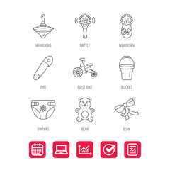 Newborn, diapers and bear toy icons. First bike, bow and pin linear signs. Rattle, whirligig and bucket flat line icons. Report document, Graph chart and Calendar signs. Laptop and Check web icons