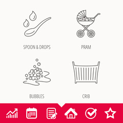 Pram carriage, spoon and drops icons. Bubbles, crib bed linear signs. Edit document, Calendar and Graph chart signs. Star, Check and House web icons. Vector