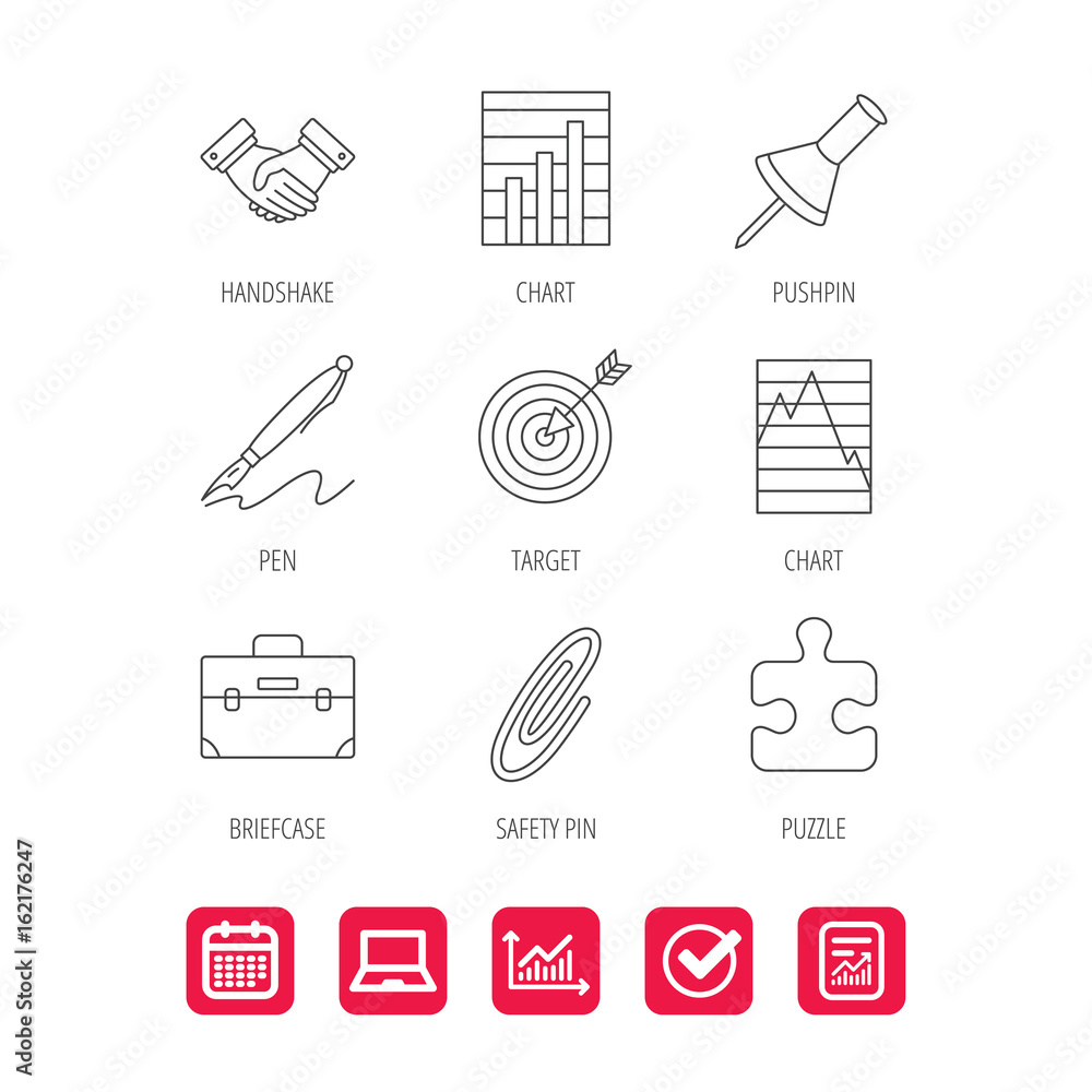 Poster handshake, graph charts and target icons. puzzle, pushpin and safety pin linear signs. briefcase and
