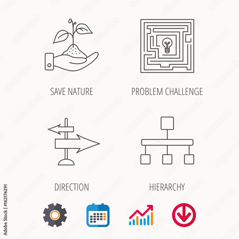 Poster hierarchy, save nature and direction arrow icons. maze linear sign. calendar, graph chart and cogwhe