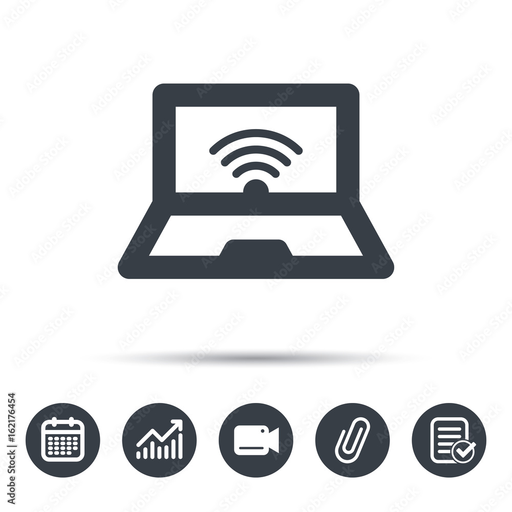 Poster computer with wifi icon. notebook or laptop pc symbol. calendar, chart and checklist signs. video ca