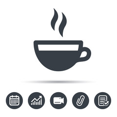 Coffee cup icon. Hot tea drink symbol. Calendar, chart and checklist signs. Video camera and attach clip web icons. Vector
