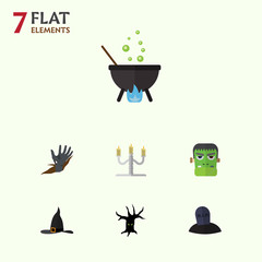 Flat Icon Halloween Set Of Witch Cap, Monster, Magic And Other Vector Objects. Also Includes Hand, Corpse, Candelabrum Elements.