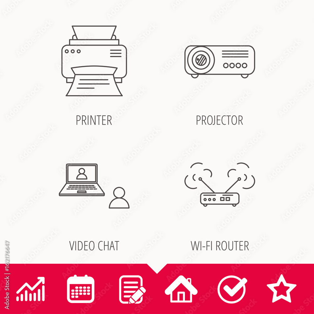 Poster projector, printer and wi-fi router icons. video chat linear sign. edit document, calendar and graph