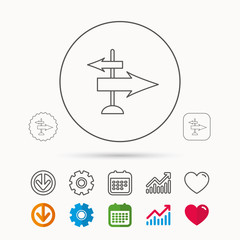 Direction arrows icon. Destination way sign. Travel guide symbol. Calendar, Graph chart and Cogwheel signs. Download and Heart love linear web icons. Vector