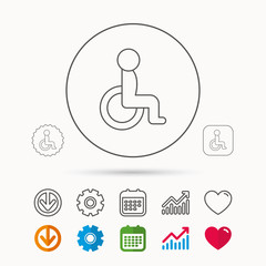 Disabled person icon. Human on wheelchair sign. Patient transportation symbol. Calendar, Graph chart and Cogwheel signs. Download and Heart love linear web icons. Vector