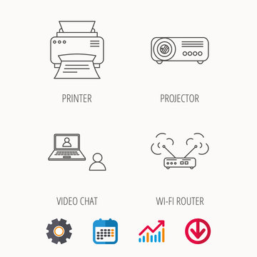 Projector, printer and wi-fi router icons. Video chat linear sign. Calendar, Graph chart and Cogwheel signs. Download colored web icon. Vector